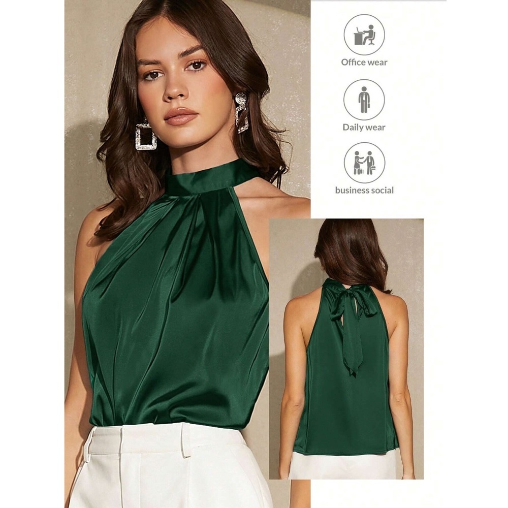 Dark Green Satin Halter Blouse Top - Picture 2 of 8